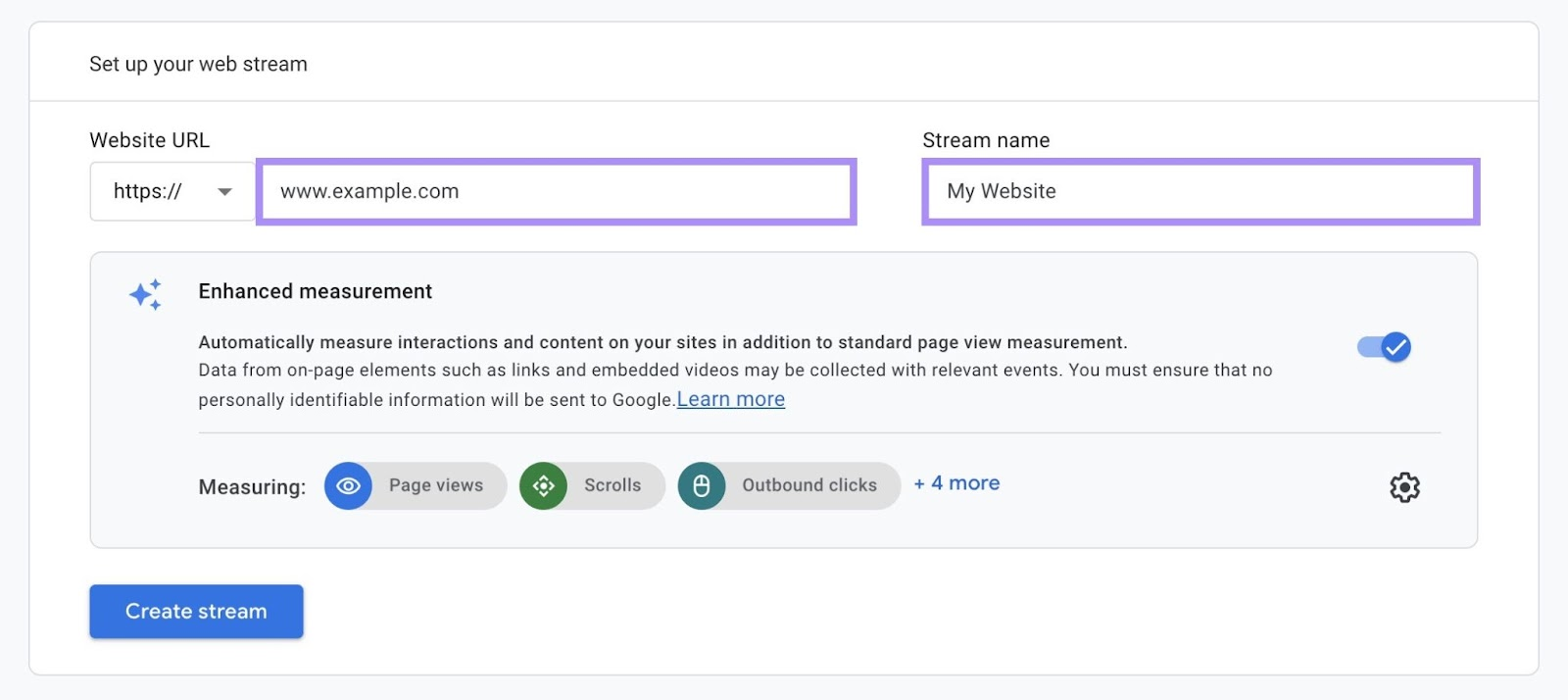 "Website URL" and "Stream name" fields highlighted