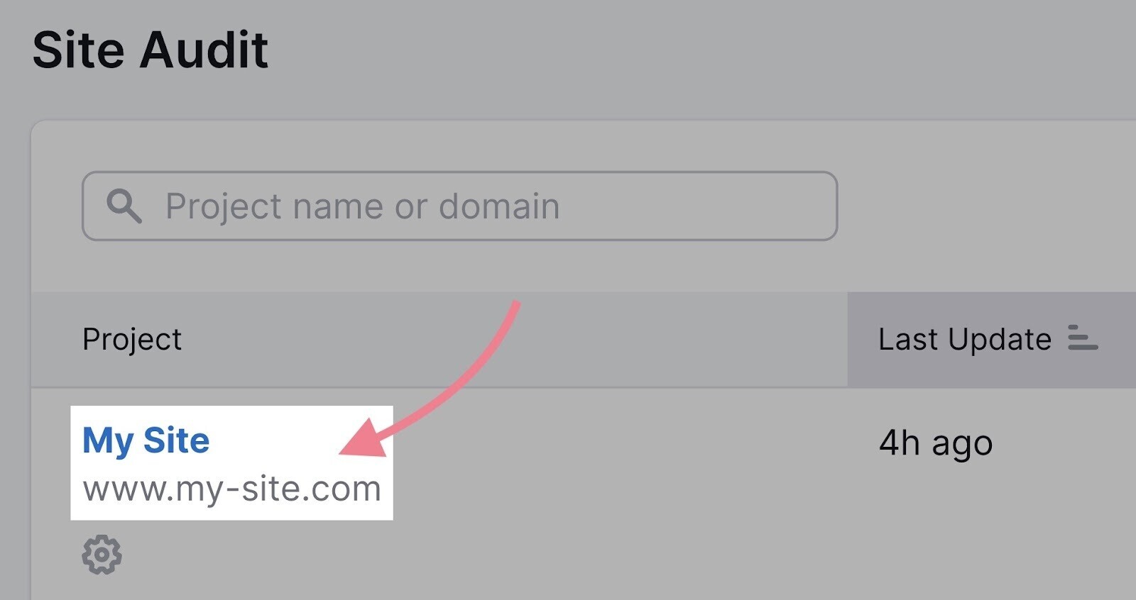 "Projects" page on "Site Audit" with a domain highlighted and clicked