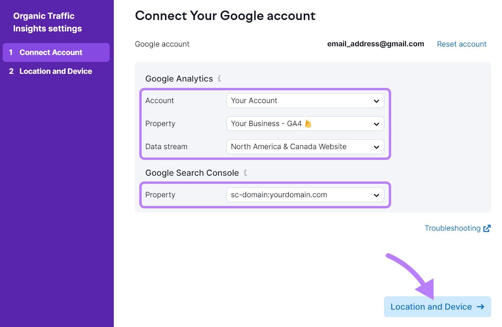 Organic Traffic Insights settings window showing the "Connect Account" tab with the "Location and Device" button highlighted.