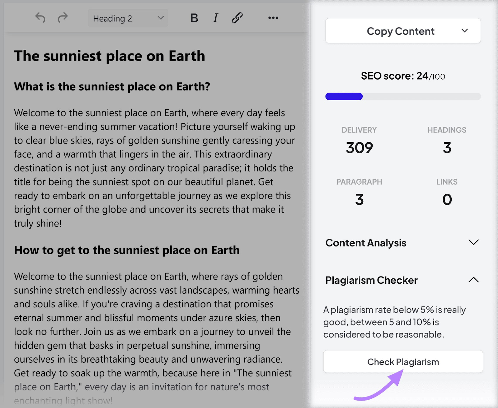 AI Writing Assistant editor with "Check Plagiarism” button highlighted