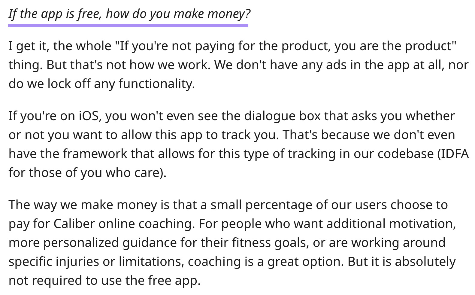 A comment explaining how Caliber can be profitable when the app is free