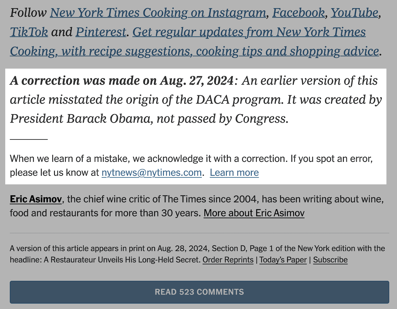 New York Times article showing that a correction to the article was made on August 27, 2024