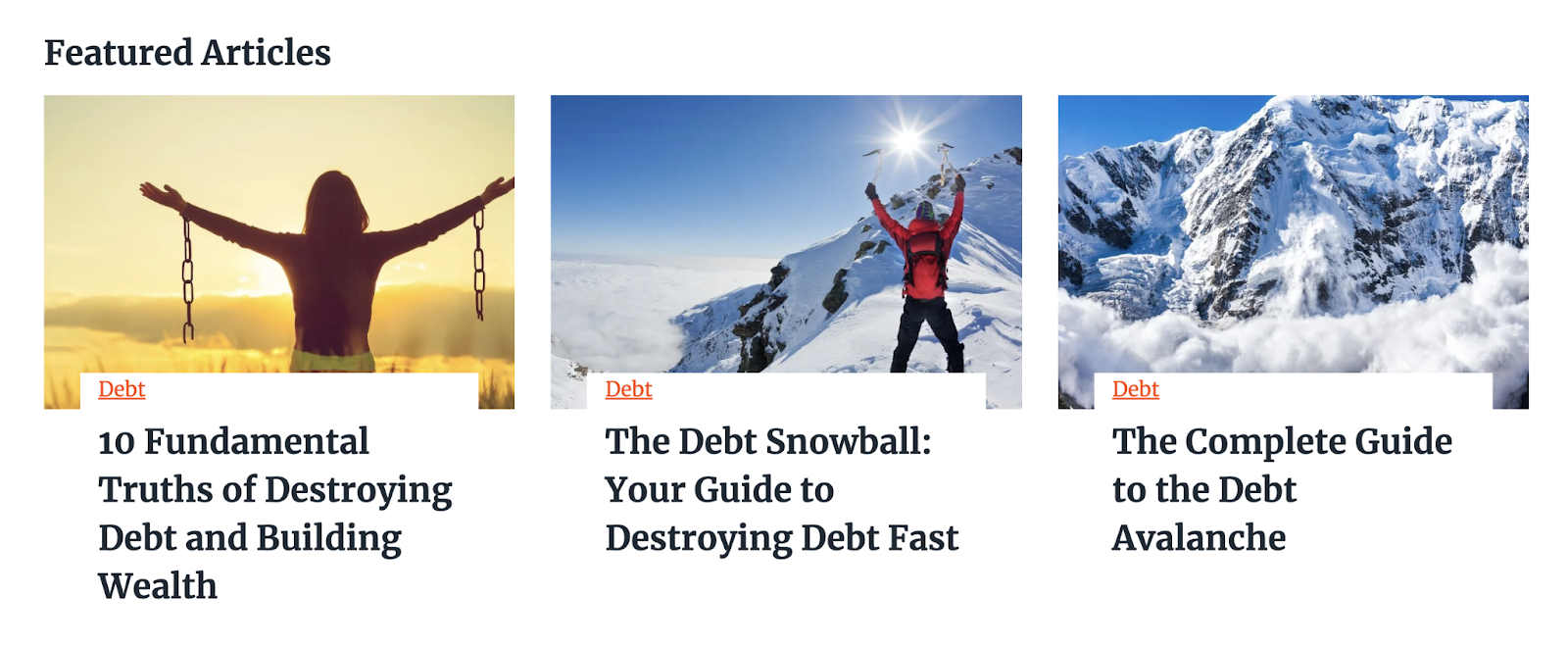 featured articles include topics like debt snowballs and debt avalanche