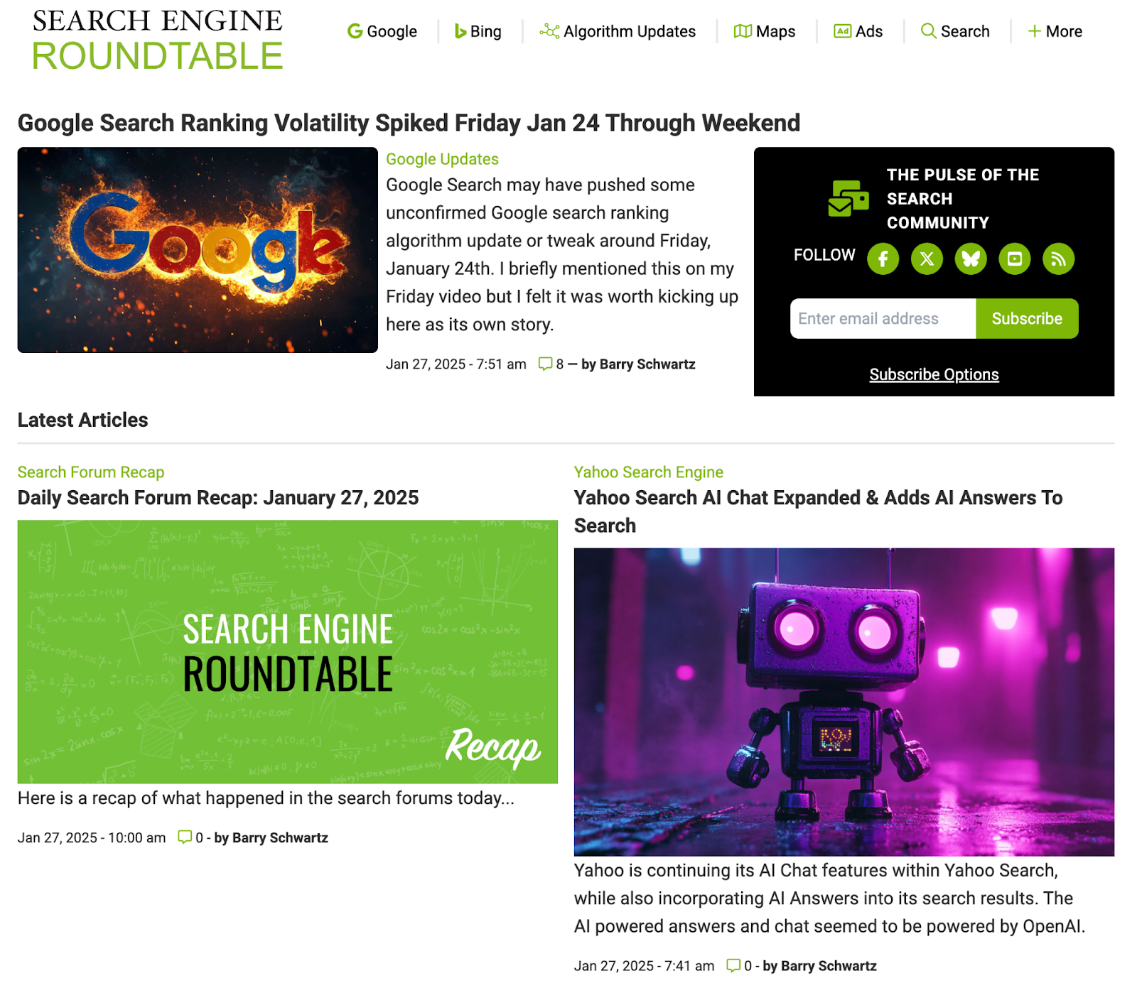 Search Engine Roundtable's homepage features SEO content around Google search ranking volatility, search forum recaps, and Yahoo search AI chat.