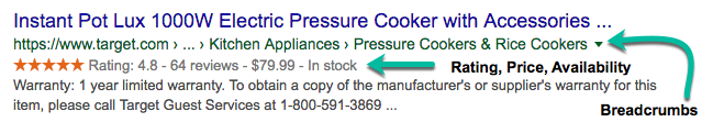 Screenshot of a rich result from Target for the Instant Pot Lux 1000W Electric Pressure Cooker