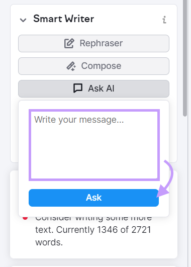 "Ask AI" option selected under "Smart Writer" section