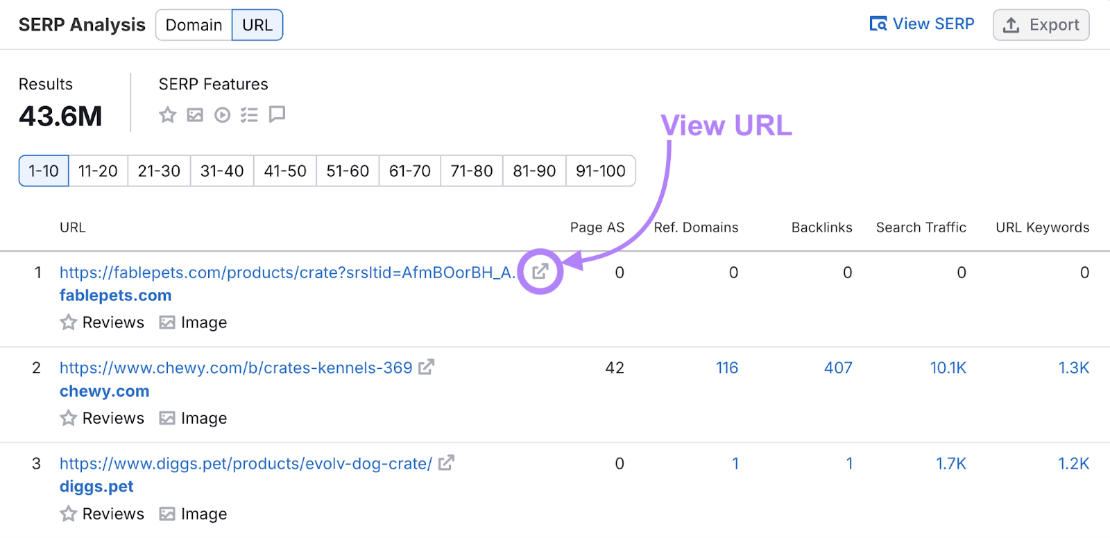 serp analysis section with view url icon highlighted