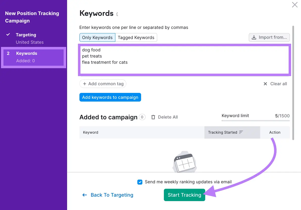 "dog food," "pet treats," and "flea treatment for cats" entered under "Keywords" window in Position Tracking settings