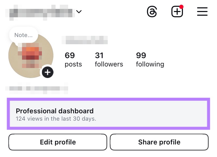 Professional dashboard appears in between the profile description and edit profile button.