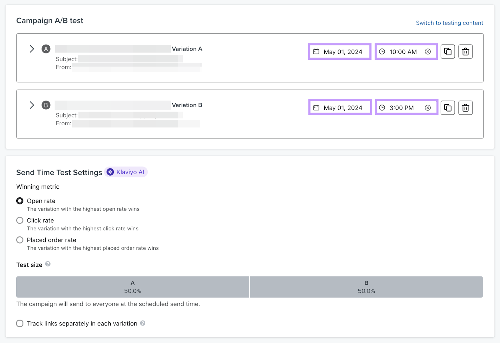 Klaviyo email marketing A/B test interface showing the option to split test different sending times.