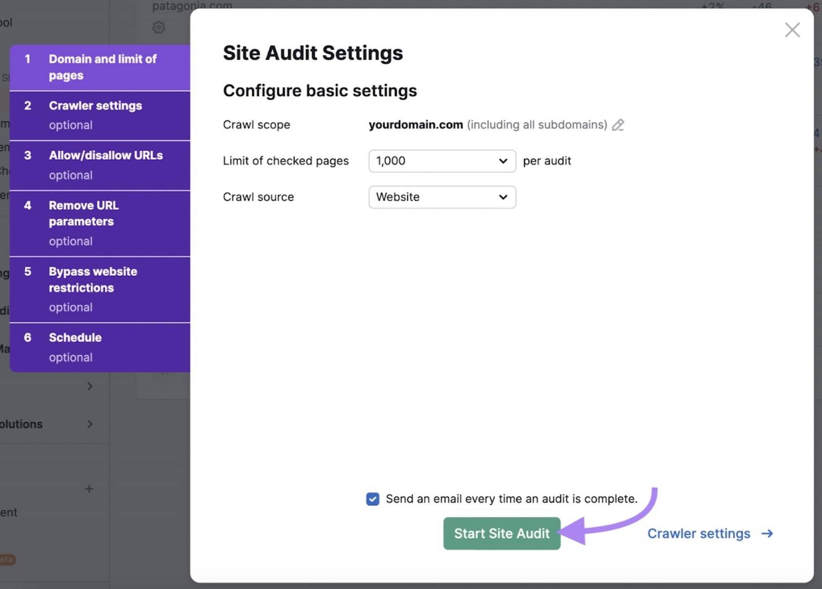 "Site Audit Settings" window