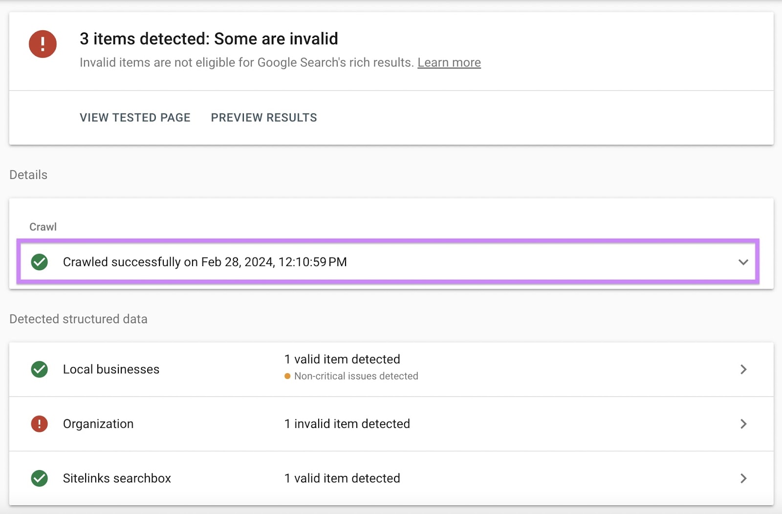 “Crawled successfully on Feb 28, 2024” message under "Details" section
