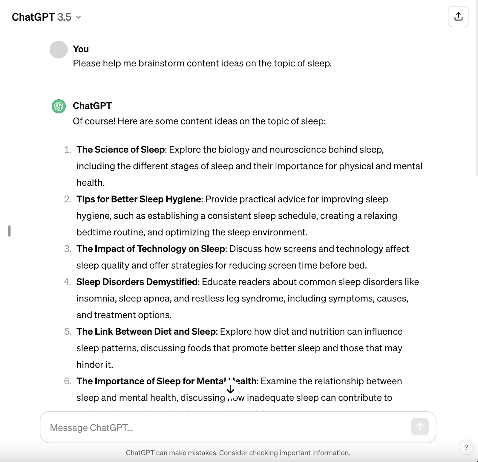 ChatGPT's response to "Please help me brainstorm content ideas on the topic of sleep" prompt