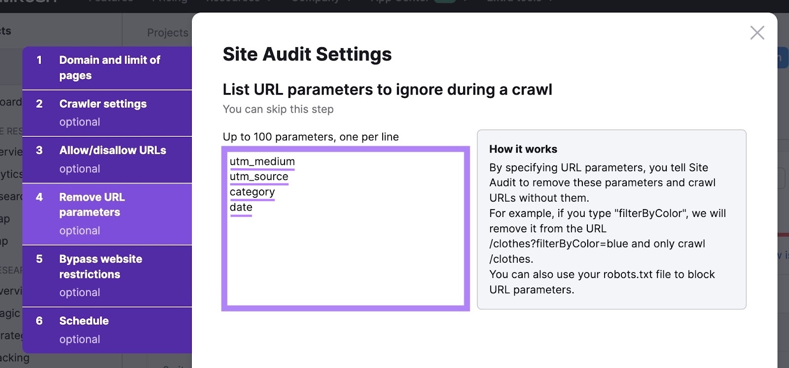 "Remove URL parameters" on Site Audit Settings with a list of parameters entered in the input box