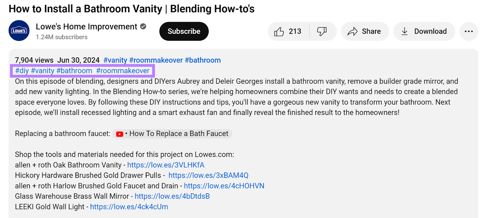 Hashtags highlighted in Lowe's YouTube video