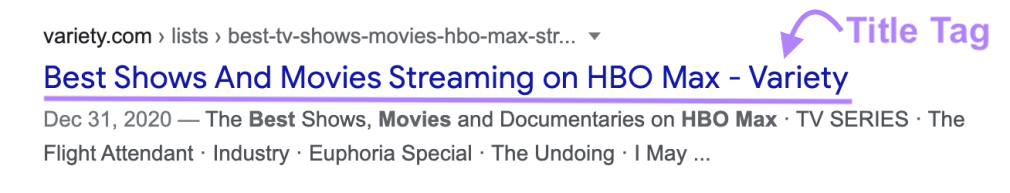 "Best shows and movies streaming on HBO Max - Variety" title tag on Google SERP