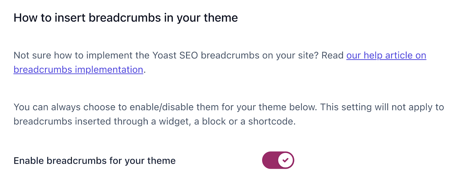 Toggle for enable breadcrumbs for your theme is on