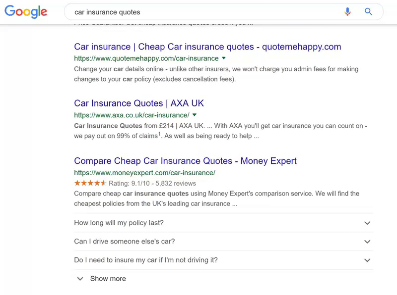 Car Insurance Quotes - FAQs within SERPs