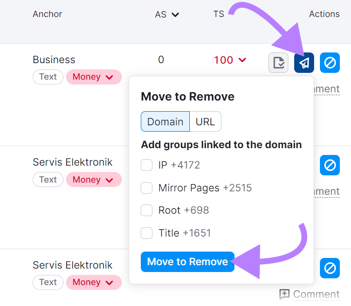 “Move to Remove" pop-up in Backlink Audit tool