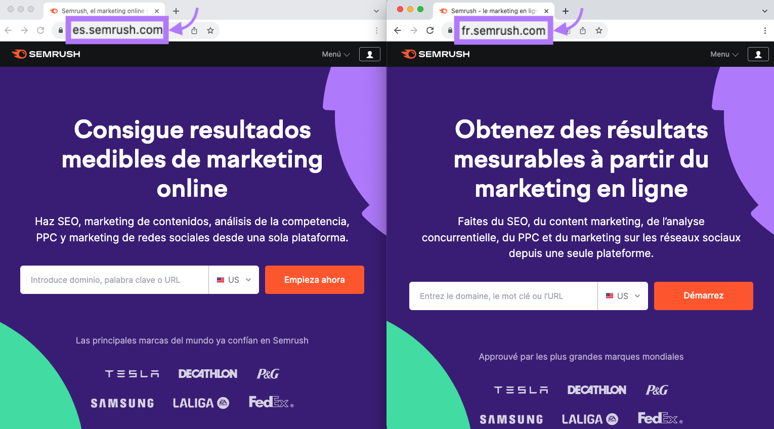 "es.semrush.com" and "fr.semrush.com" subdomains landing pages