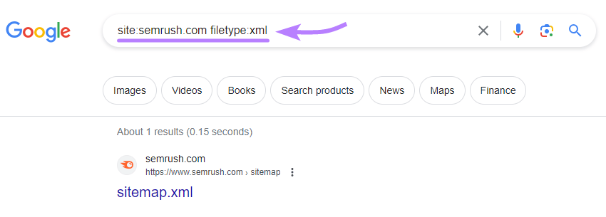 "site:semrush.com filetype:xml" entered into Google search