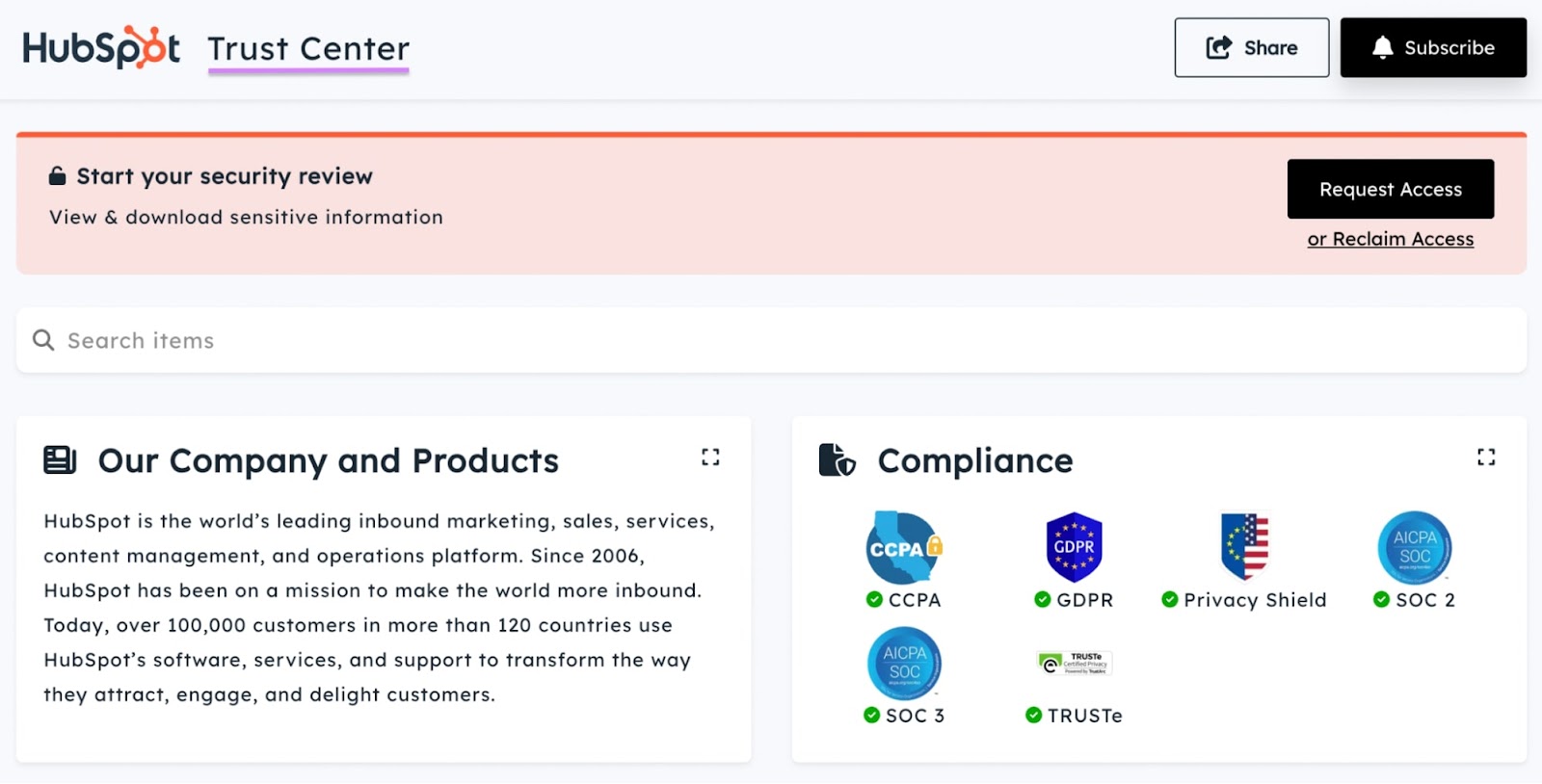 HubSpot Trust Center page