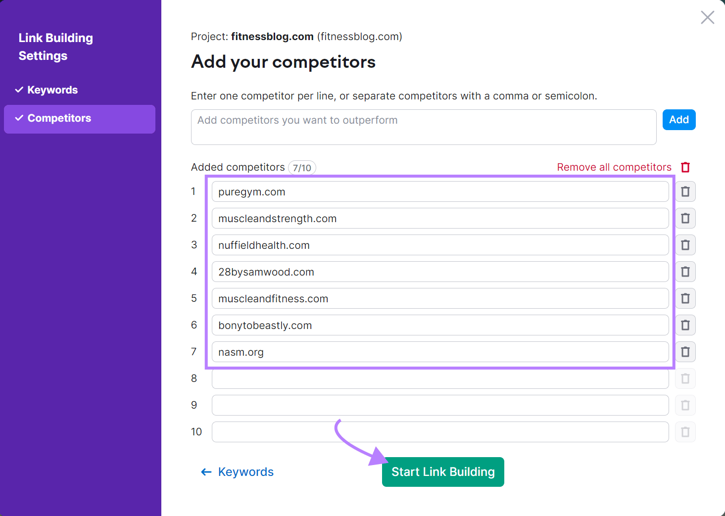 Add your competitors in the Link Building Tool settings window