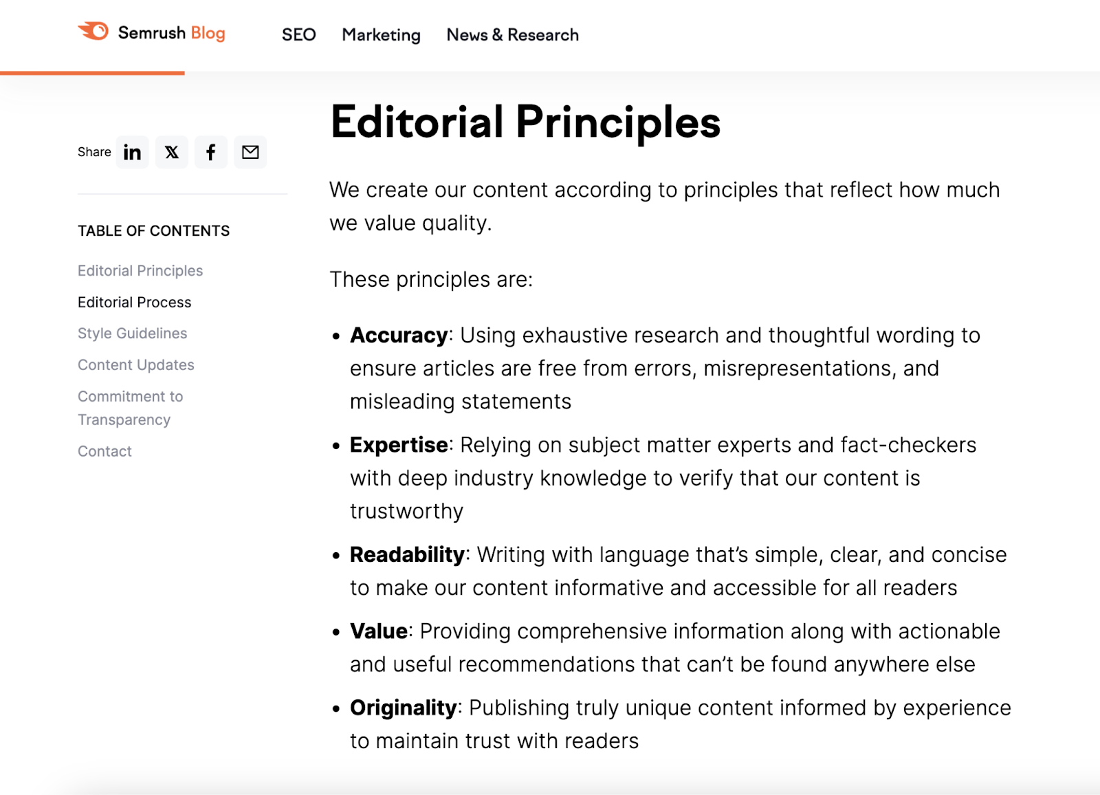 Semrush's editorial principles include accuracy, expertise, readability, value, and originality.