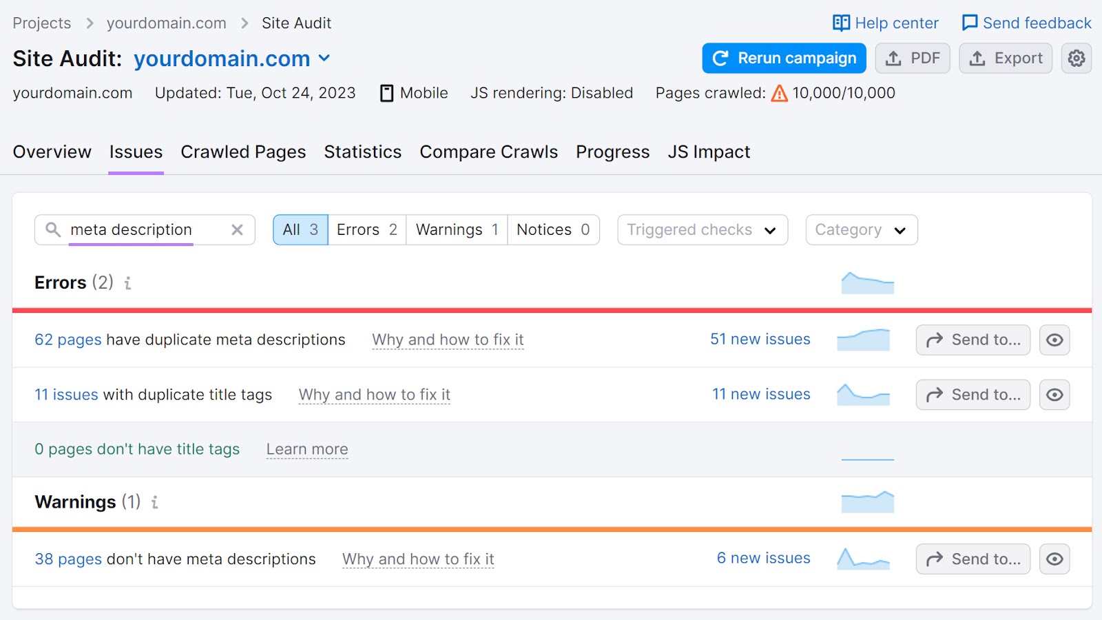 Meta descriptions issues found in Site Audit tool