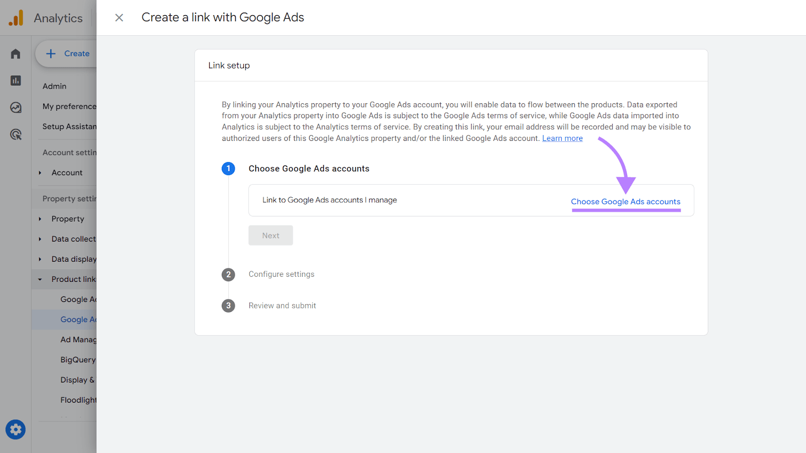 “Choose Google Ads accounts” option