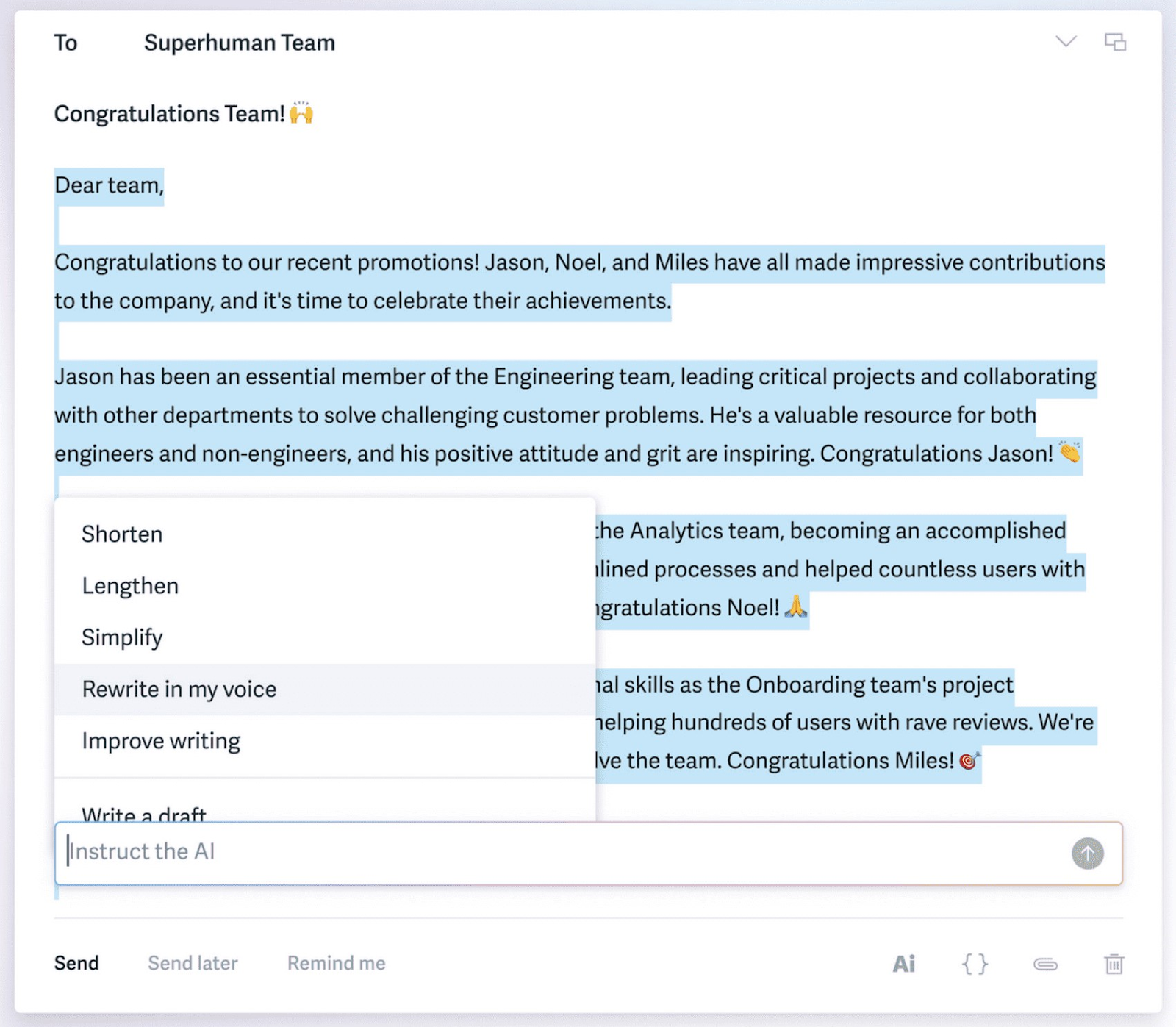 Writing an email with the help of Superhuman