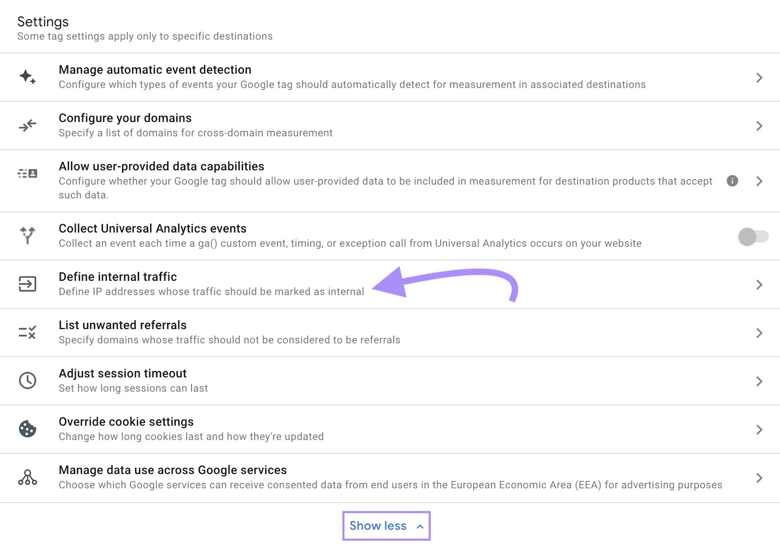 “Define internal traffic" selected under Settings window