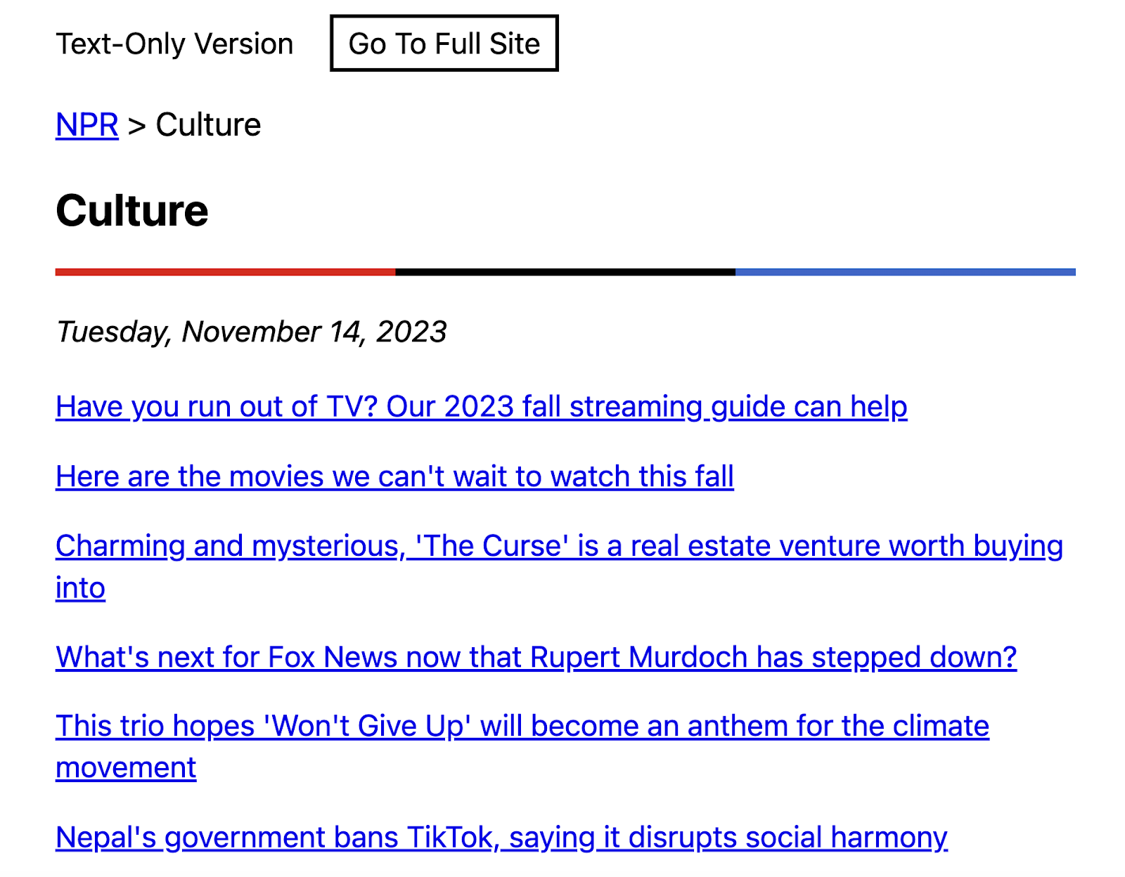 "Culture" section on NPR's website with text-only feature