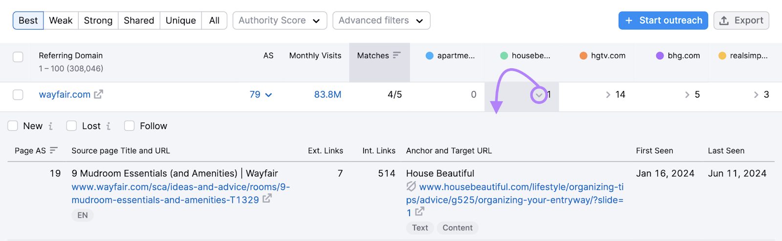 expanded backlink details show the source page, anchor text, target URL, and more