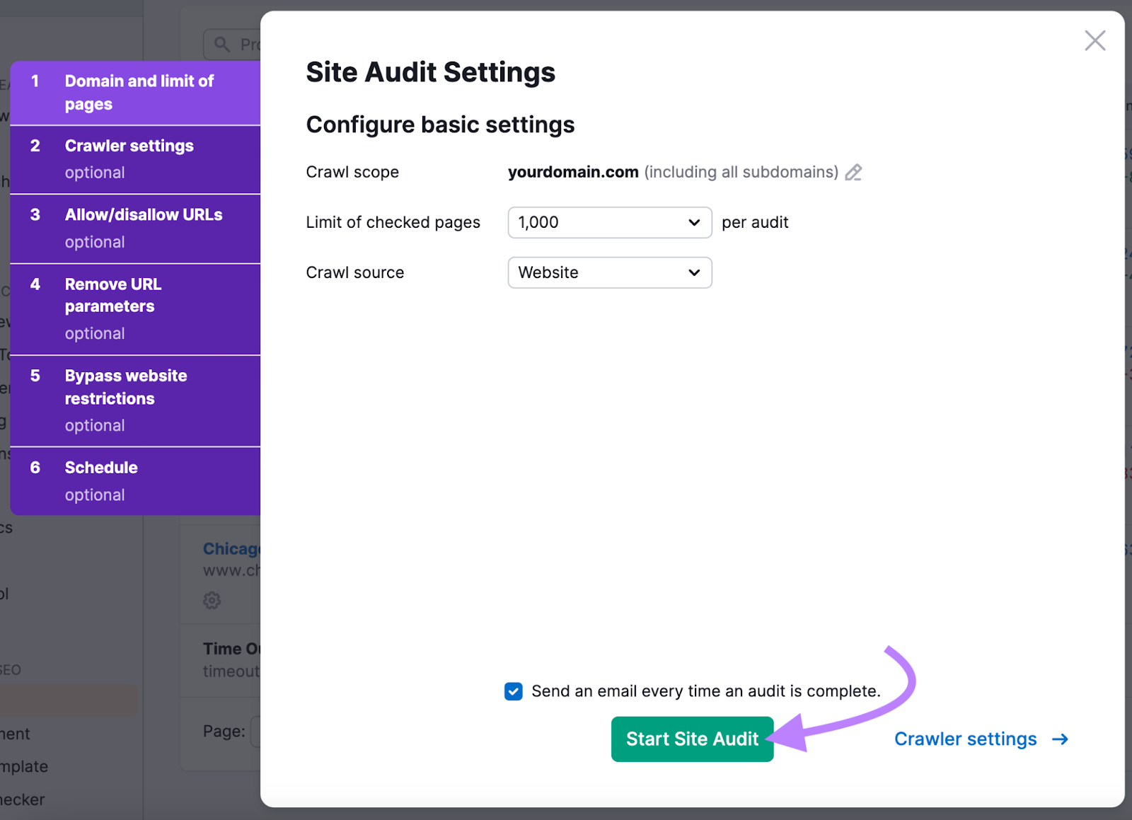 "Site Audit Settings" window