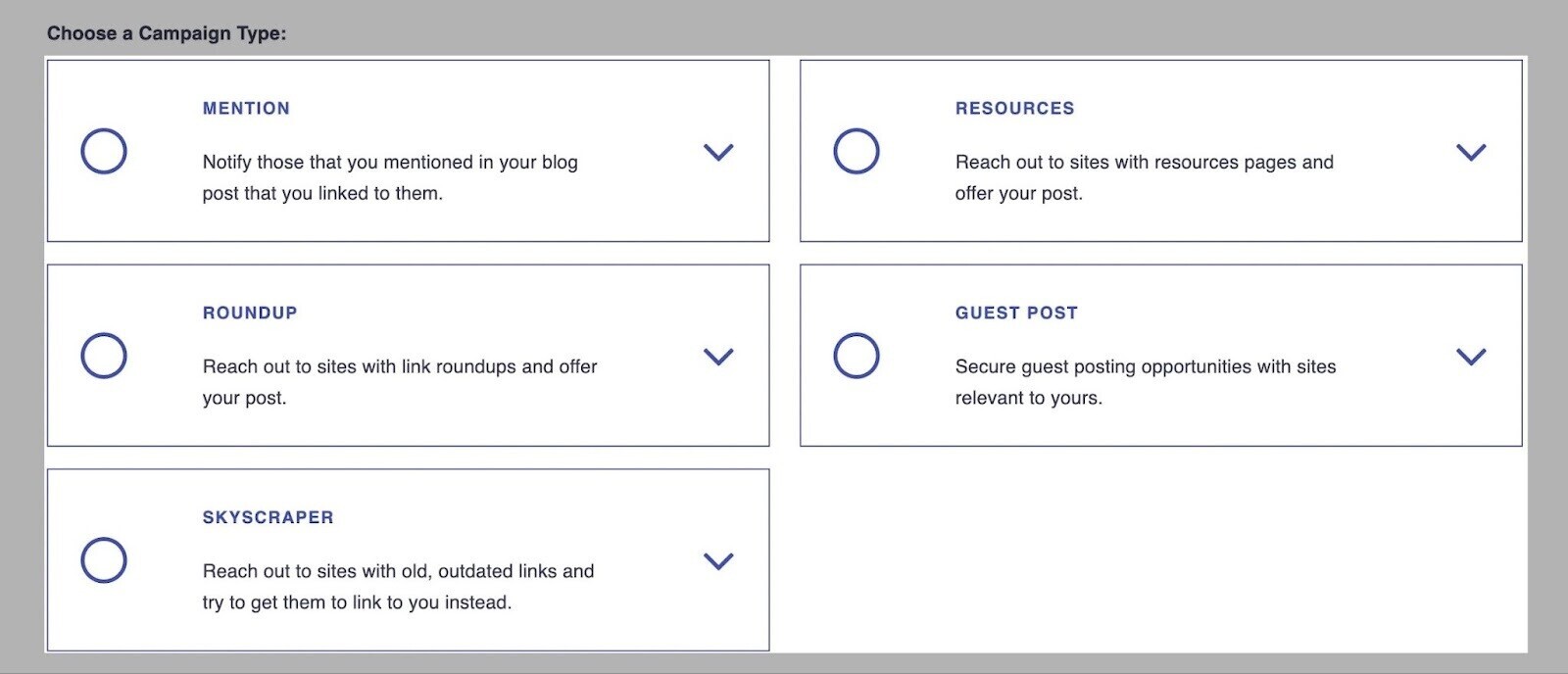 Postaga’s "Choose a campaign type" page