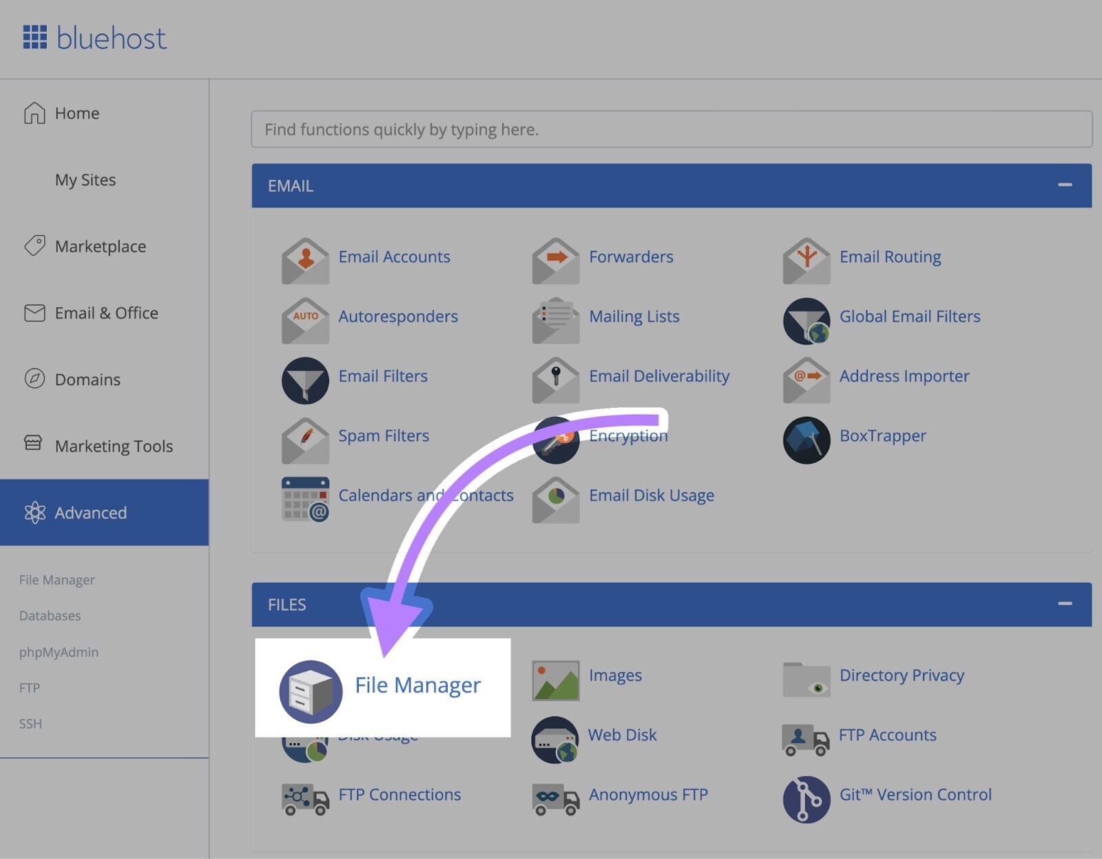 where to locate “File Manager”in Bluehost