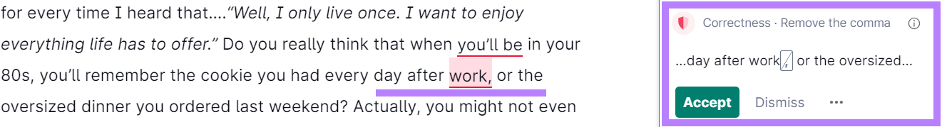 Grammarly highlighting a grammatical error in the text on the left and how it should be re-worded on the right.