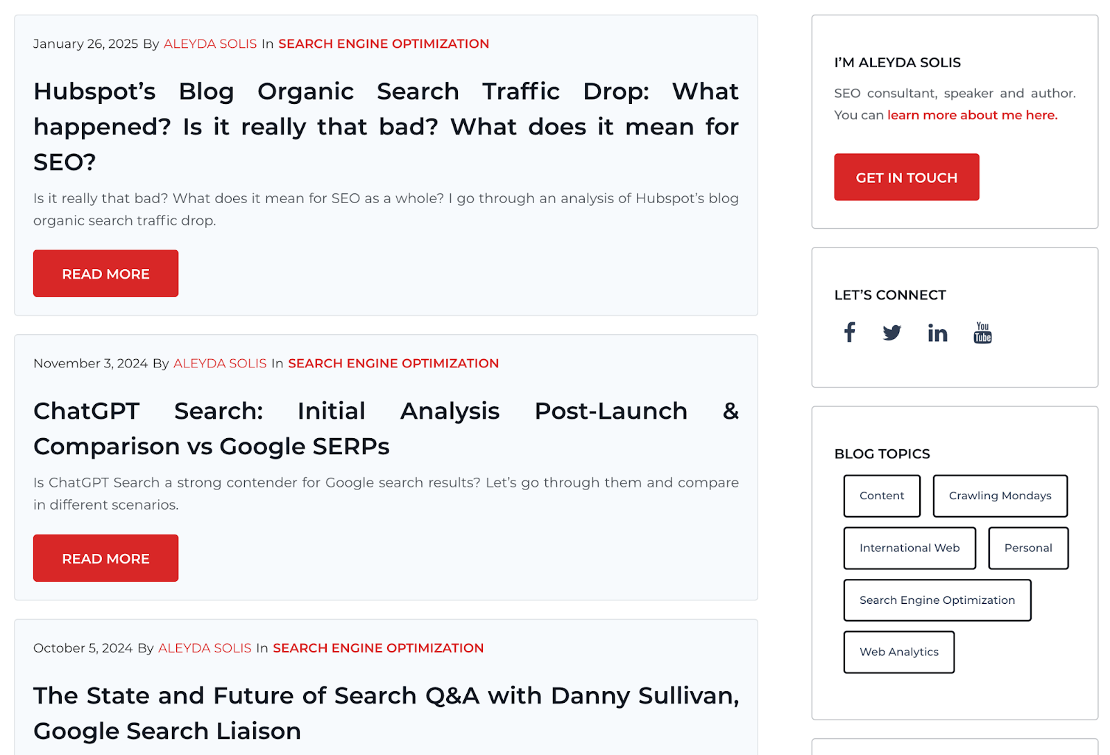 Aleyda Solis's SEO blog features content about organic traffic drops, ChatGPT search, and the future of search.