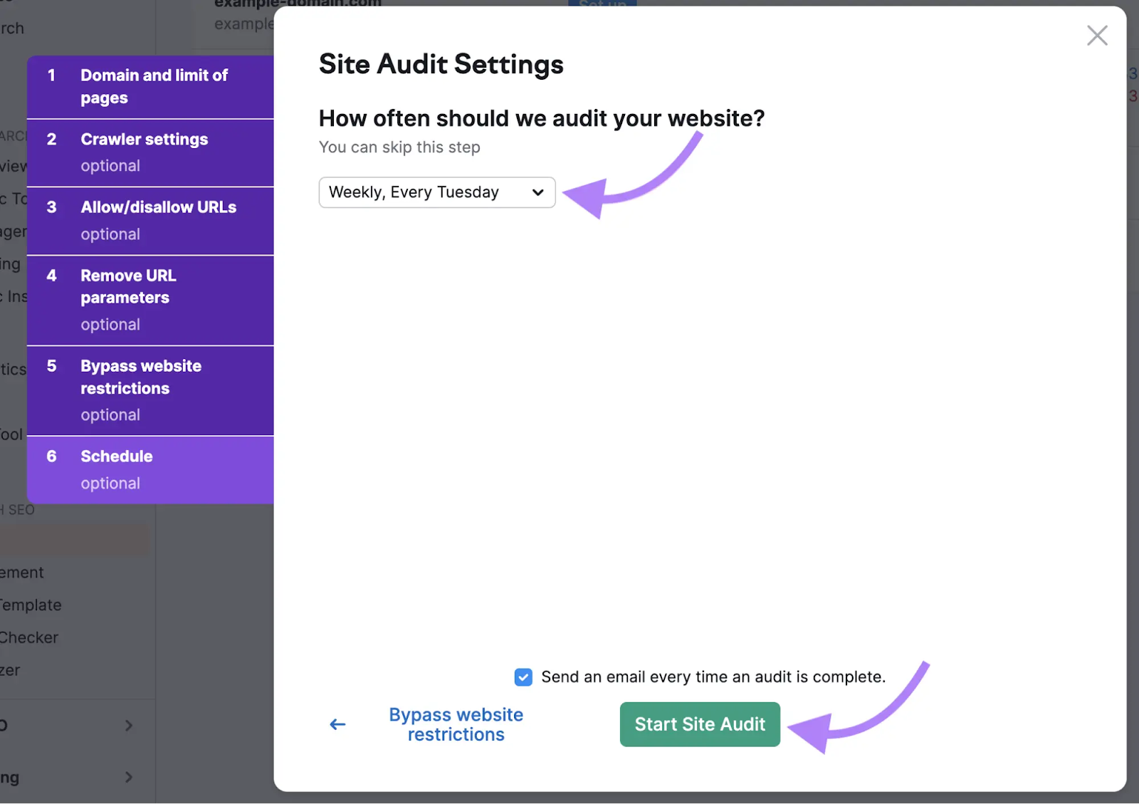 Site Audit settings configuration screen with schedule option.