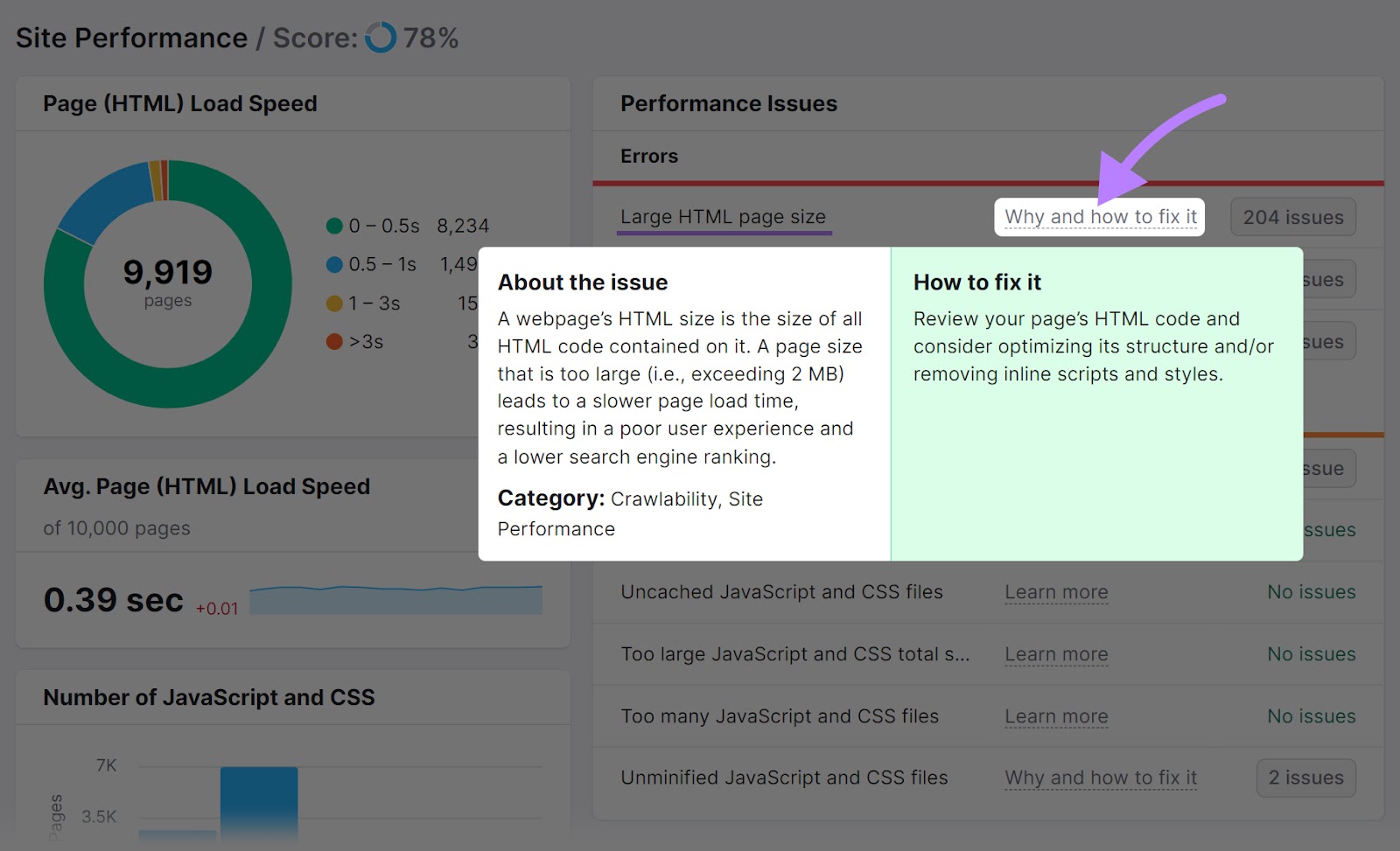 “Why and how to fix it" pop-up for the "Large HTML page size" issue