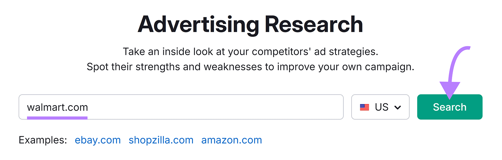 Advertising Research start with domain entered and arrow pointing to 'Search' button