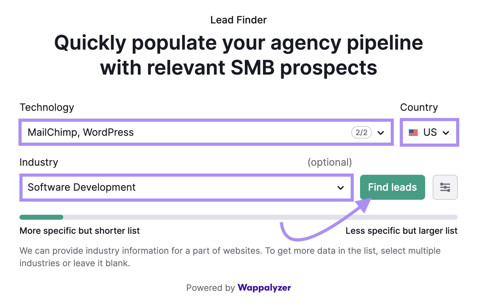 "MailChimp, WordPress" entered under "Technology for the "US" and "Software Development" industry in the Lead Finder tool