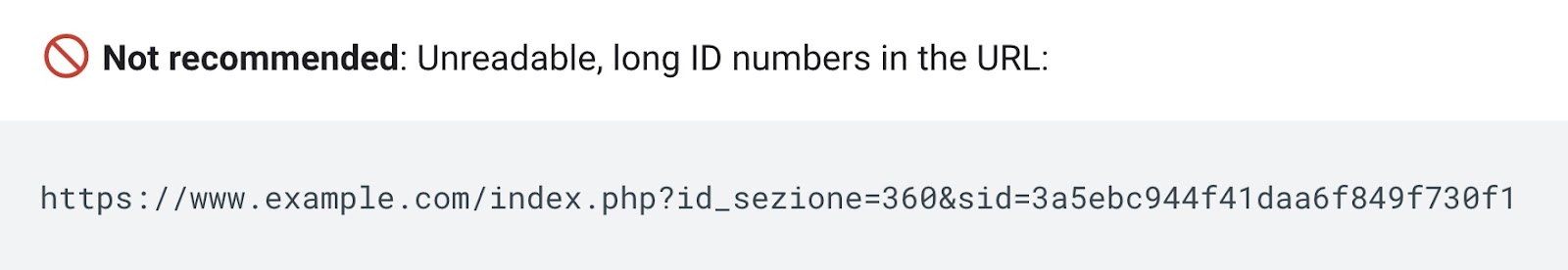 Google’s URL structure guidelines do not recommend unreadable, long ID numbers in the URL