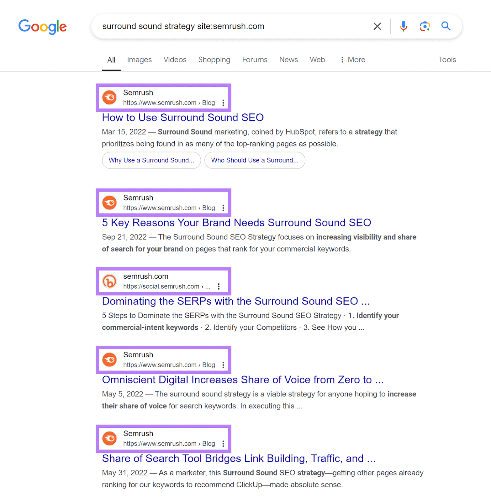 Search results for 'surround sound strategy site:semrush.com' with domains highlighted for each result