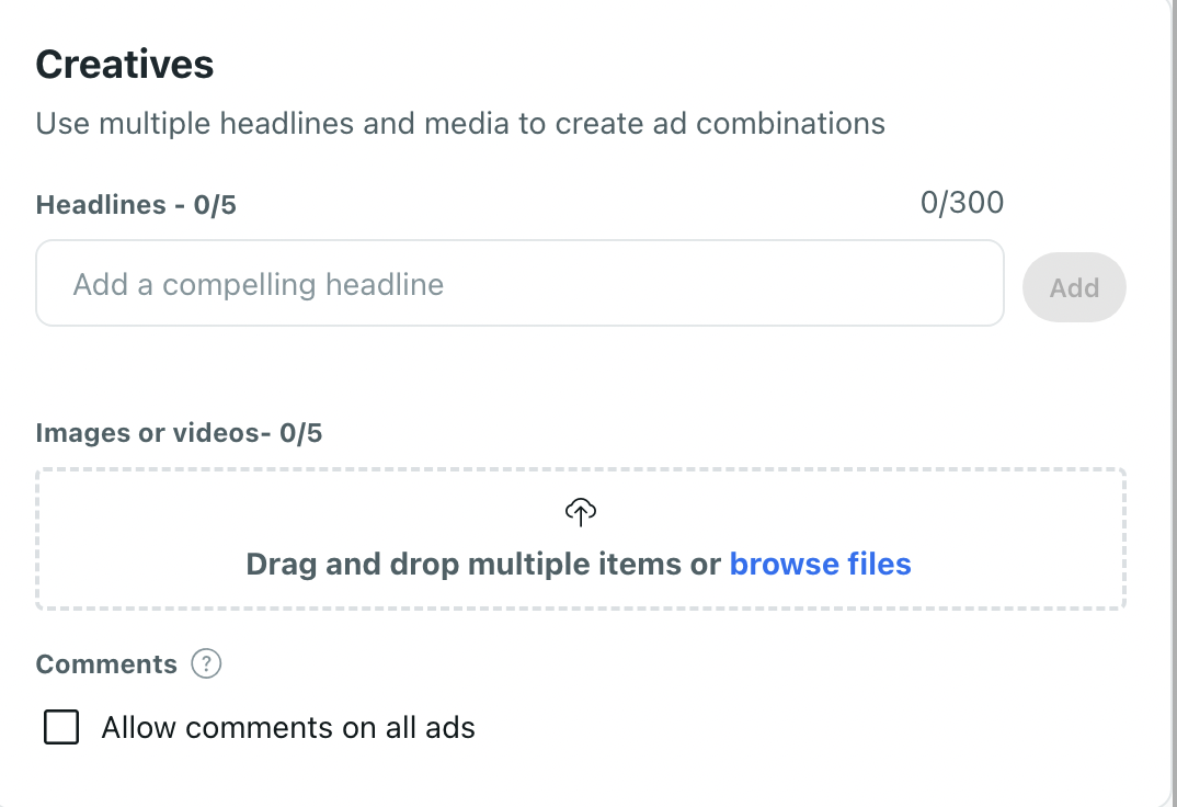 "Creatives" section in Reddit Ads Manager, with 0/5 headlines and 0/5 images or videos added