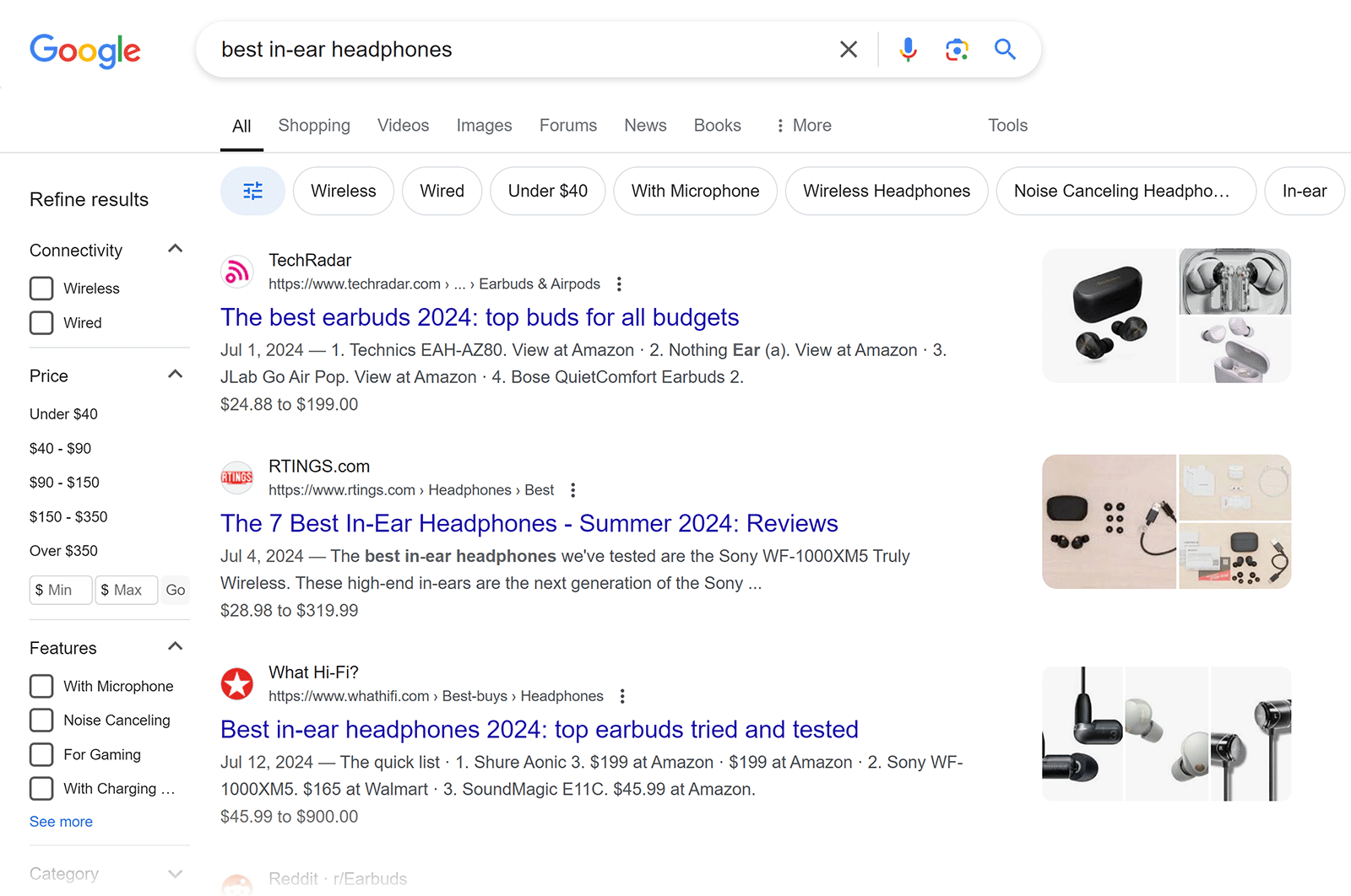 Google SERP for 'best in-ear headphones' showing product comparisons and roundups