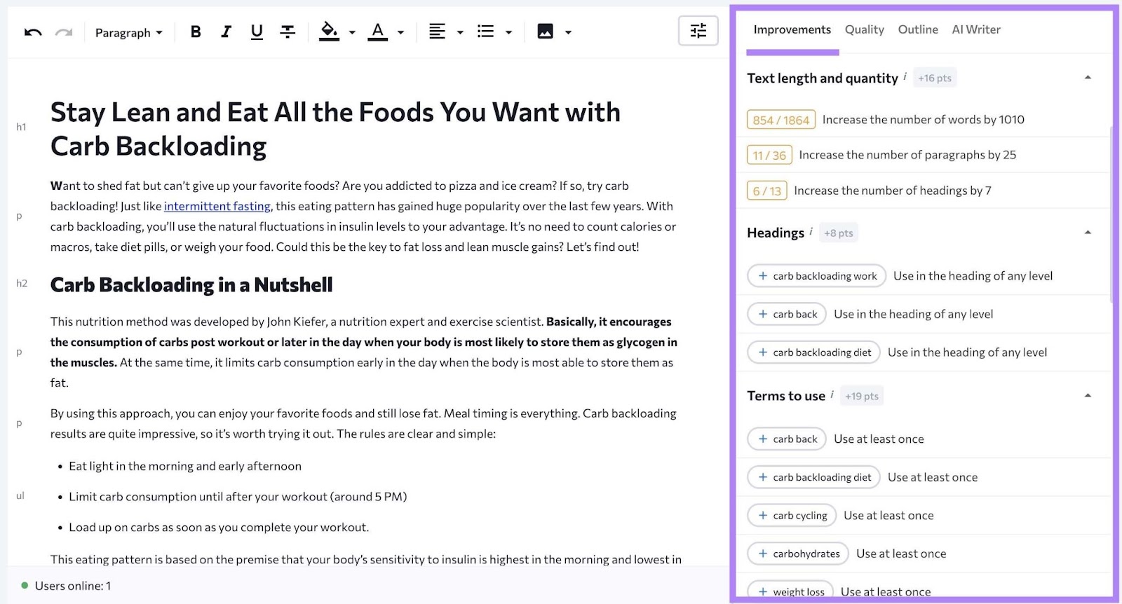 "Improvements" tab on the right-hand side of SE Ranking highlighted and showing recommendations related to text length, headings, and terms to use.