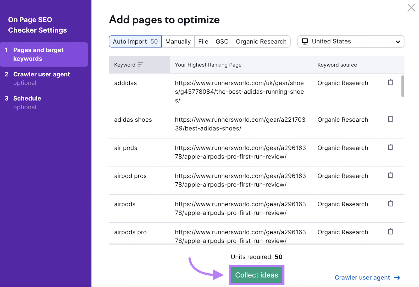 "Add pages to optimize" window in On Page SEO Checker settings