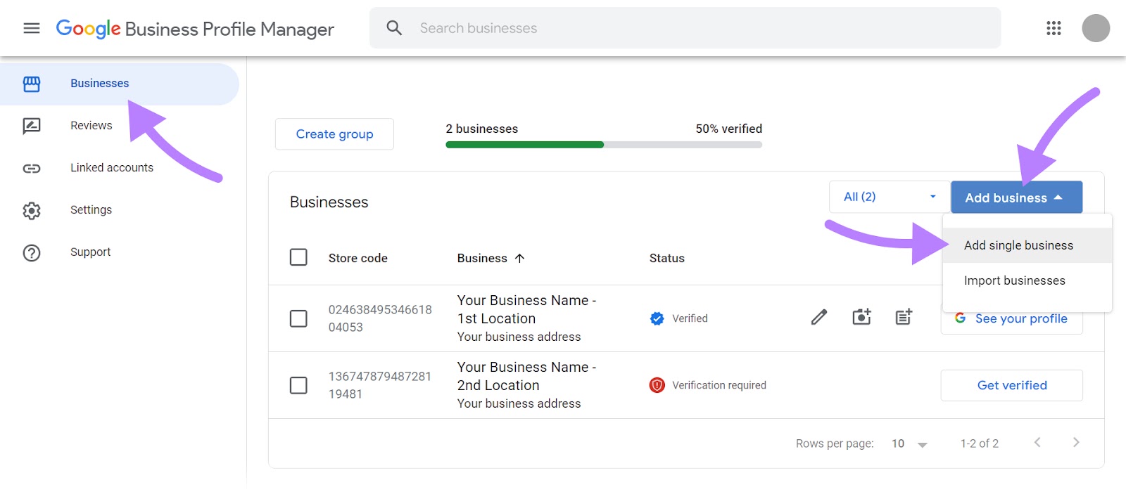 “Add single business” selected in the “Businesses” tab of Google Business Profile Manager